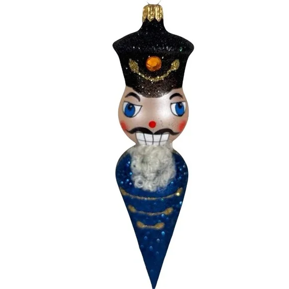 Vintage Blown Glass Christmas Ornament - Stylized Blue Nutcracker Teardrop 8" - Picture 3 of 7